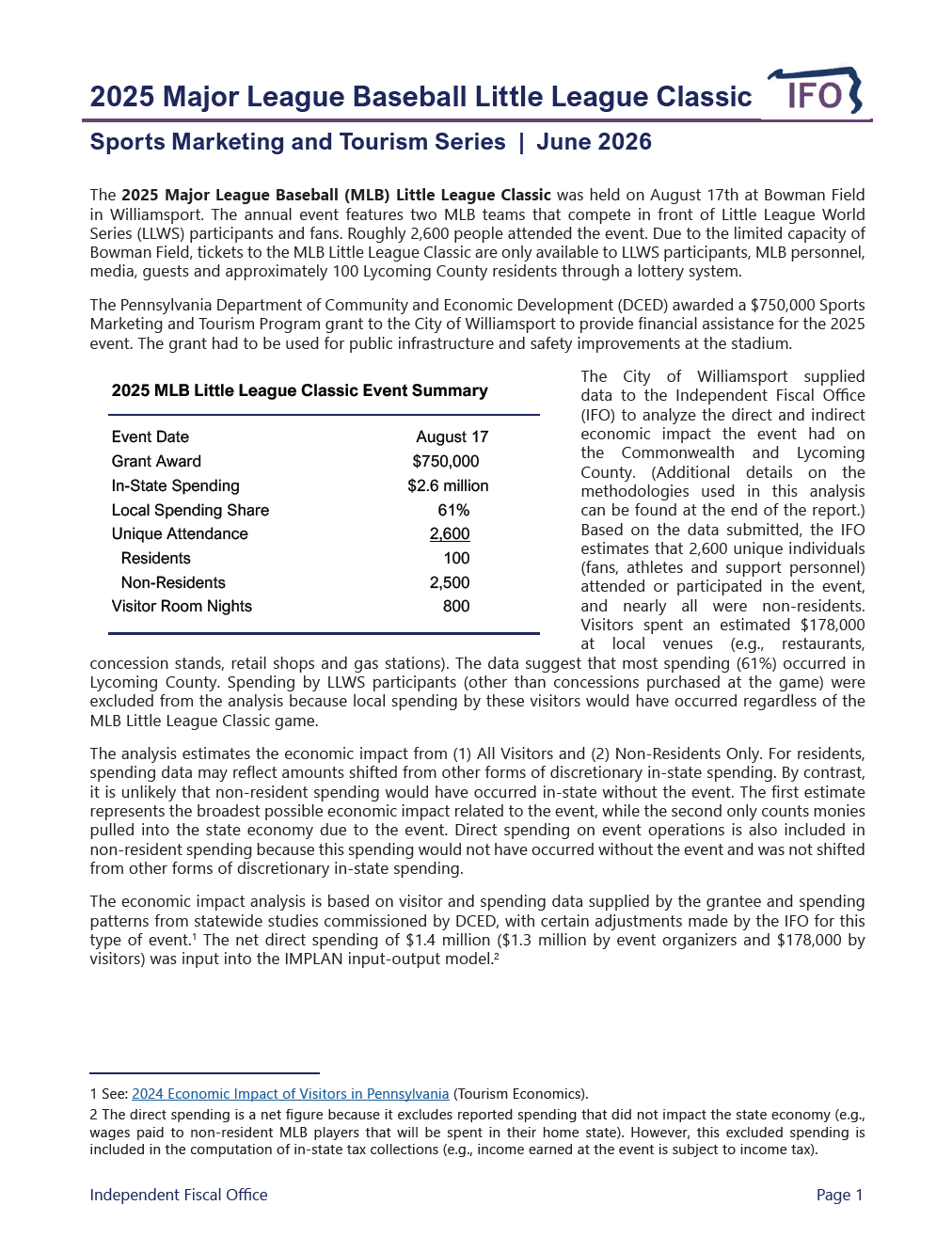Release thumbnail - Sports, Marketing, & Tourism Series: 2025 Major League Baseball Little League Classic - 2026-06-23