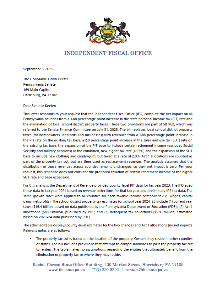 Release thumbnail - Impact of School District Property Tax Elimination and Higher PIT Rate - 2025-09-11