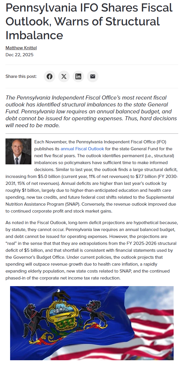 Release thumbnail - Pennsylvania IFO Shares Fiscal Outlook, Warns of Structural Imbalance - 2025-12-22