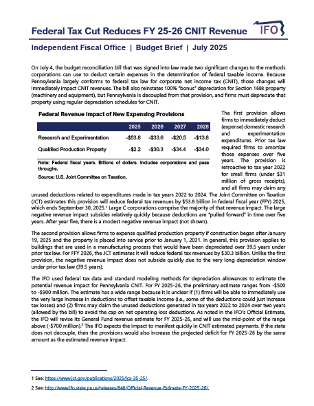 Release thumbnail - Federal Tax Cut Reduces FY 25-26 CNIT Revenue - 2025-07-08